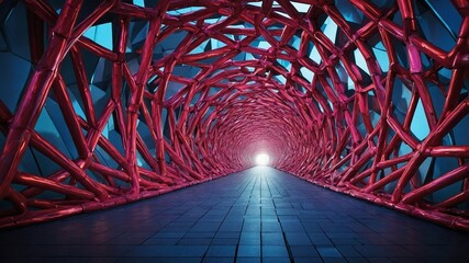 Poster - intricate tunnel design with vibrant red structure leading to bright light