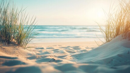 Poster - Soft sunlight breaks over the horizon, casting a warm glow on the gentle waves and illuminating the sandy beach. Lush grass sways in the breeze, creating a picturesque coastal escape