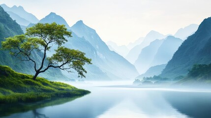 Poster - Mountains landscape nature idea. Serene landscape featuring mountains, water, and trees under a misty atmosphere.