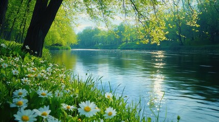 Poster - Riverside scenes nature concept. Serene riverside scene with vibrant greenery and blooming flowers in soft sunlight.