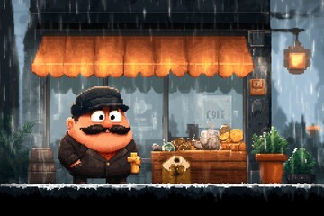 Poster - A pixel art representation of a rising line graph with animated flashing percentages and a retro-style banker character at the side holding a coin purse