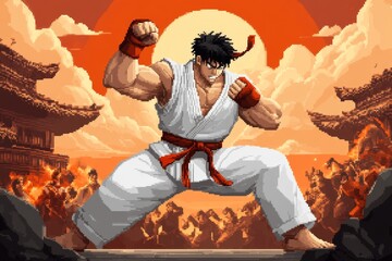 Poster - A pixel art scene of a martial artist performing a high kick in a vibrant dojo, with dynamic action lines and a cheering crowd in the background