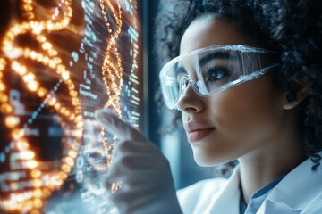 Aufkleber - A scientist examining DNA strands on a holographic screen, completely focused on their groundbreaking research