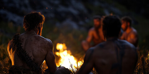 Wall Mural - Three Muscular Men by Campfire at Dusk