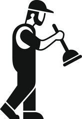 Poster - plumber walking and holding plunger, simple black silhouette icon representing plumbing services