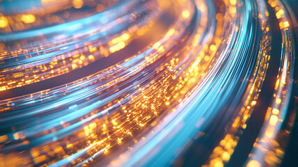 Aufkleber - Close up view of glowing fiber optic cables with vibrant blue and orange light effects