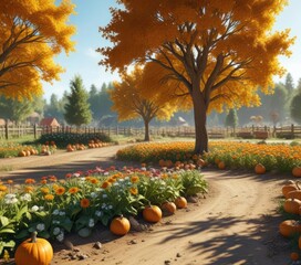 sunny day at pumpkin patch with flowers and trees, trees, autumn