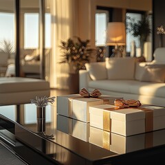 Aufkleber - Two beautiful present boxes on the glass table, in modern penthouse with stylish furniture.