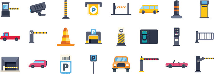 Poster - parking icons set featuring various elements related to paid parking access, including entry and exi