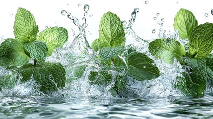 Poster - Fresh mint leaves splashing in water isolated on white background.