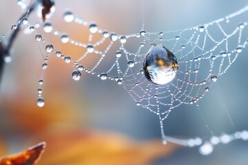 A spider web glistening with dewdrops, with tiny water beads spread throughout its intricate pattern