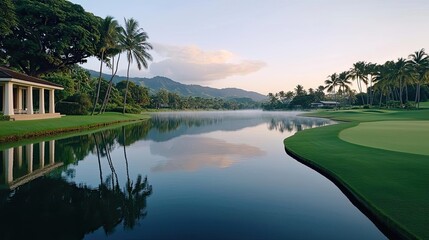 Poster - Riverside scenes nature concept. Tranquil waters reflect mountains and palm trees in a serene golf course setting.