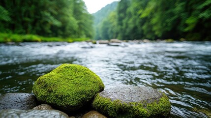 Poster - Riverside scenes nature concept. Moss-covered stones by a tranquil river, surrounded by lush green trees and mountains.
