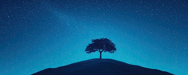 Poster - Starry skies nature concept. A solitary tree stands proudly against a starry night sky, creating a peaceful scene.