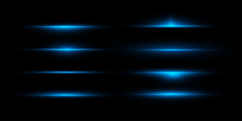 Poster - Bright blue horizontal glare. Laser beams, horizontal rays of light. Beautiful light flashes PNG. Vector