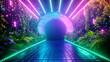 Futuristic neon-lit tunnel with vibrant greenery and glowing pathway for event backdrops, fashion shows, and modern art installations