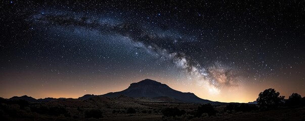 Poster - Starry skies nature concept. Stunning view of the Milky Way galaxy over a mountain landscape at night.