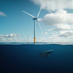 Wall Mural - A wind turbine stands above water while a mysterious creature lurks beneath, blending renewable energy and oceanic life in a striking contrast.