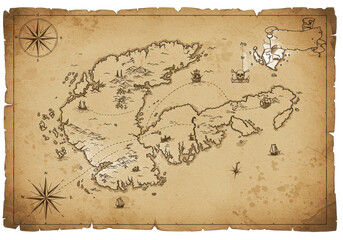 vintage treasure map parchment isolated on white background, no depth of field, sharp.