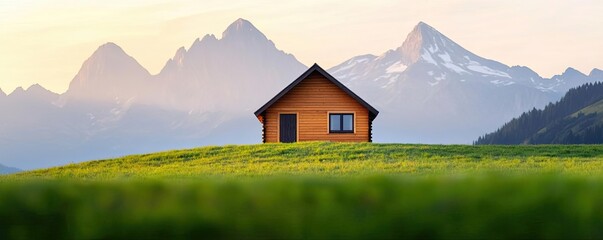 Aufkleber - Amidst mountains nature idea. A serene wooden house on a green hill with majestic mountains in the background.