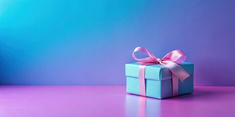 Aufkleber - A light blue gift box with a pink ribbon sits on a purple surface against a blue background