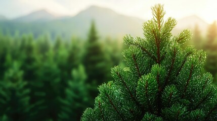 Aufkleber - Amidst mountains nature idea. Close-up of lush green pine tree foliage against a blurred mountain backdrop.