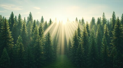 Poster - A serene forest with tall trees illuminated by sunlight, casting rays through the foliage, creating a tranquil and peaceful atmosphere.
