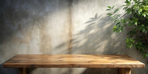 Aufkleber - Rustic Wooden Tabletop Display Against a Textured Wall with Natural Sunlight and Greenery
