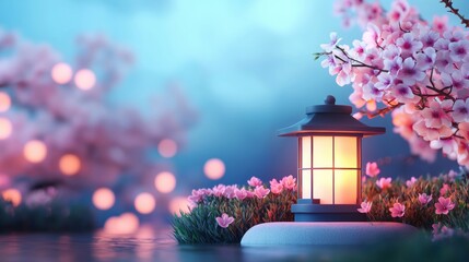 Poster - A serene scene featuring a lantern surrounded by blooming cherry blossoms, creating a tranquil atmosphere with soft lighting.