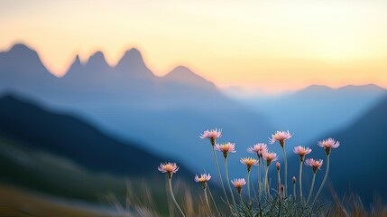 Poster - Amidst mountains nature idea. A tranquil landscape featuring blooming flowers against a serene mountain backdrop.