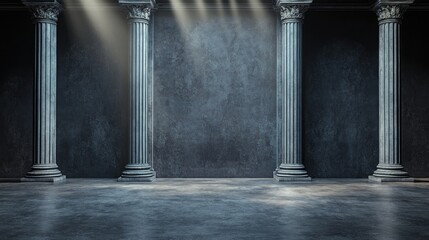 Wall Mural - Dark hall, classical columns, concrete floor, spotlight, background