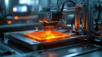 Poster - advanced 3d printing technology in a modern workshop with vibrant orange filament being extruded
