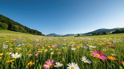 Poster - Wildflower fields nature concept. A vibrant field of wildflowers under a clear blue sky and rolling green hills.