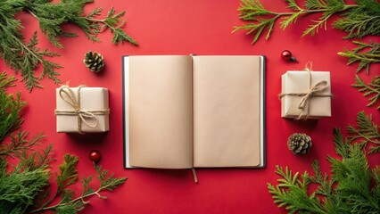 Poster - Blank Notebook Surrounded by Festive Holiday Decorations and Gifts on Red Background