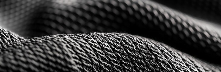 Black fabric texture creating wavy pattern, close up macro photography