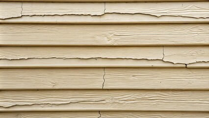 Aufkleber - Cream-colored wood siding with noticeable cracks and imperfections, showing signs of age and weathering