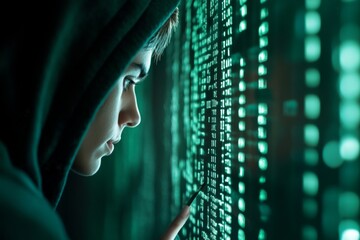 Fototapete - A computer programmer writing the final line of code before terminating a program, with lines of text glowing on the screen