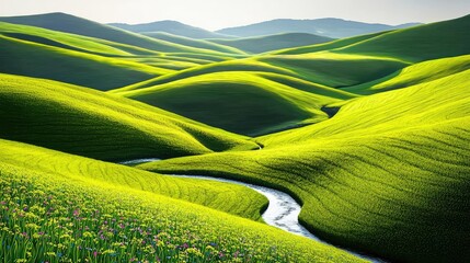 Poster - Wildflower fields nature concept. Stunning green hills with a winding river under a clear blue sky.