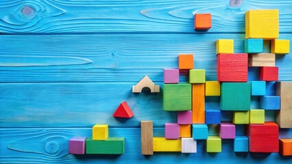 Aufkleber - Colorful Wooden Blocks Arranged on a Blue Wooden Surface