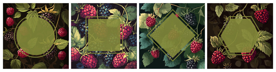 Wall Mural - Blackberries and raspberries on a dark background square posters set. Ripe sweet juicy fruit with green foliage. Summer spring template with place for text. Vector illustration