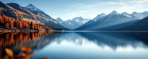 Poster - Amidst mountains nature idea. Serene lake reflecting majestic mountains under a clear blue sky.