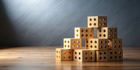 Aufkleber - A Stack of Light Wooden Blocks with Holes Arranged in a Pyramid Shape on a Wooden Surface