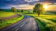 © InspireStock Gallery - Serene Sunset Drive Through Rolling Green Fields and Blossoming Meadows