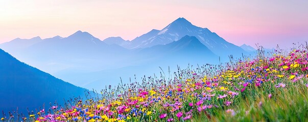 Poster - Amidst mountains nature idea. Vibrant wildflowers bloom against a stunning mountain backdrop at dusk.