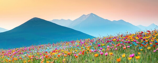 Poster - Amidst mountains nature idea. Vibrant wildflower field under a serene mountain landscape at sunset.