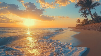 Aufkleber - A serene beach at sunset with golden sand, gentle waves, and palm trees swaying in the breeze.