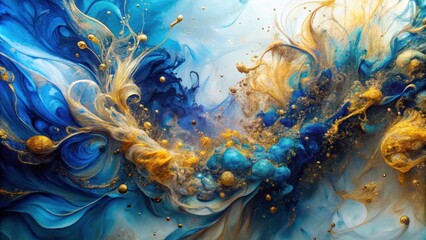 Poster - Abstract Swirling Blue and Gold Fluid Art An Ethereal Composition of Color and Texture