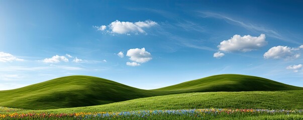 Poster - Wildflower fields nature concept. A serene landscape of rolling green hills under a clear blue sky with fluffy clouds.