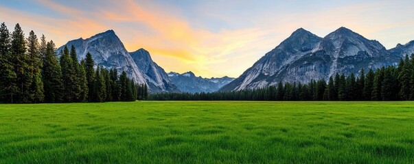 Poster - Amidst mountains nature idea. Stunning mountain landscape at sunset with vibrant colors and lush green fields.