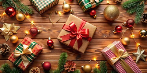 Poster - Festive Holiday Gifts and Ornaments Arranged on Wooden Surface